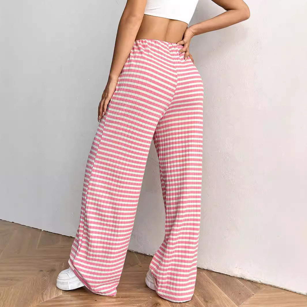 Women’s casual striped solid color straight leg pants with rubber band waist and drawstring, in autumn winter fashion by Plush Fashion Hub