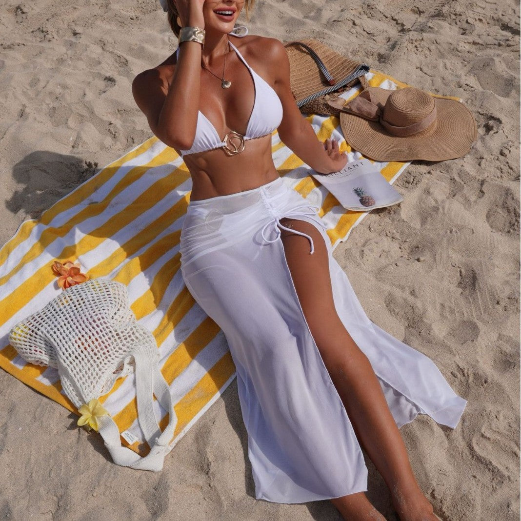 Solid color beach sun protection tulle skirt and bikini set by Plush Fashion Hub, featuring a sexy three-piece swimwear design.