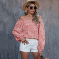 Bella Mia women's long sleeve off-the-shoulder printed loose top, autumn winter casual T-shirt for women.