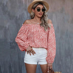 Bella Mia women's long sleeve off-the-shoulder printed loose top, autumn winter casual T-shirt for women.