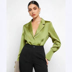 Bella Mia satin faux silk long sleeve shirt for women, minimalist spring summer top in soft, shiny fabric.