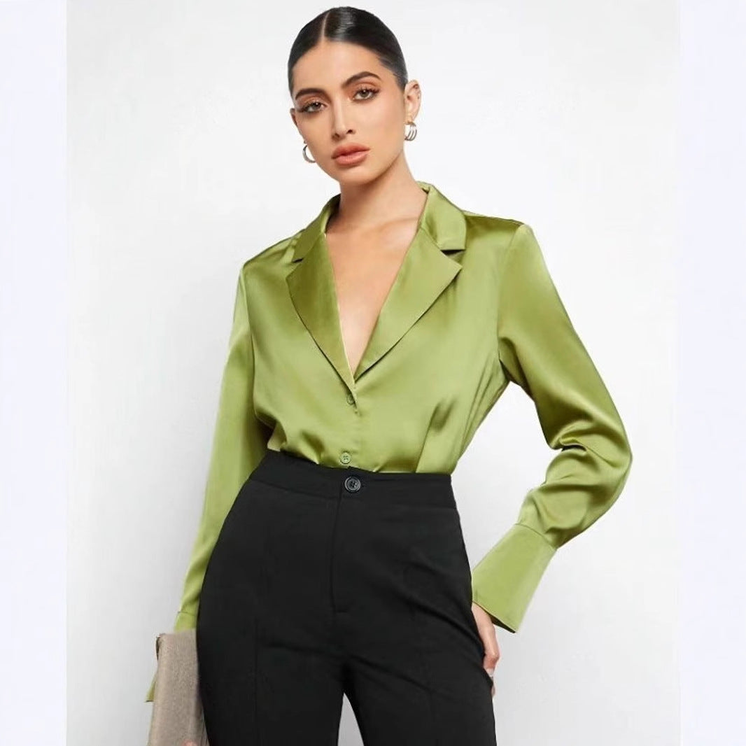 Bella Mia satin faux silk long sleeve shirt for women, minimalist spring summer top in soft, shiny fabric.