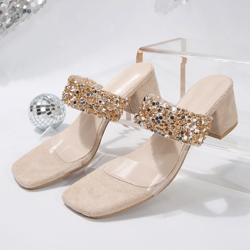 Bella Mia women's one-strap mid heel slippers with chunky heel and square toe, adorned with rhinestones and stylish design.