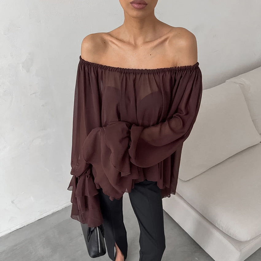Bella Mia fall winter boat neck chiffon top with ruffles, off-shoulder style, elegant brown loose blouse for women.