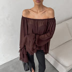 Bella Mia fall winter boat neck chiffon top with ruffles, off-shoulder style, elegant brown loose blouse for women.