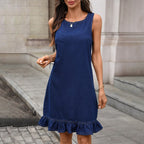 Summer round neck denim dress with ruffled hem and back button closure, straight fit from Plush Fashion Hub.