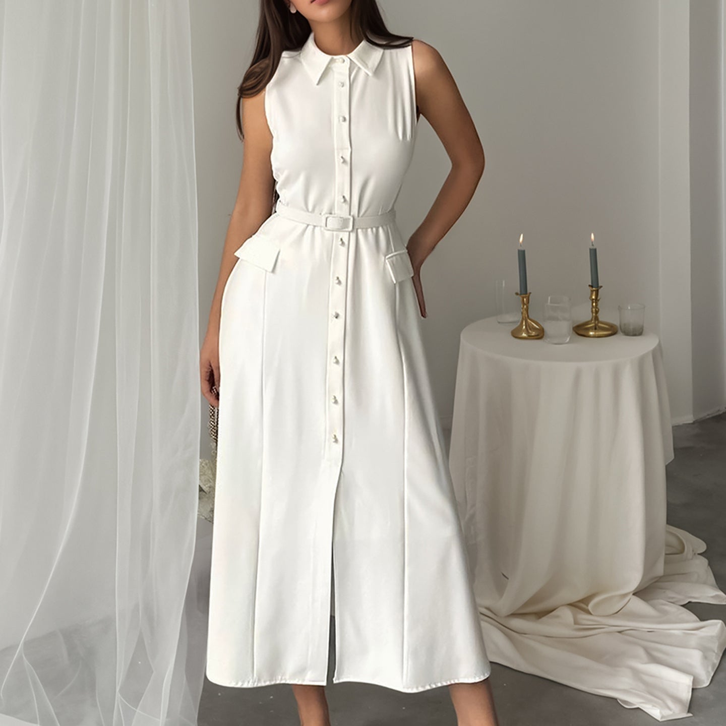 Solid color sleeveless office dress with pearl belt, slim fit, slit design, perfect for summer and autumn, by Plush Fashion Hub.