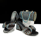 Women’s high heel slippers and matching cylindrical rhinestone bag set, summer casual shoes by Wanita Store.