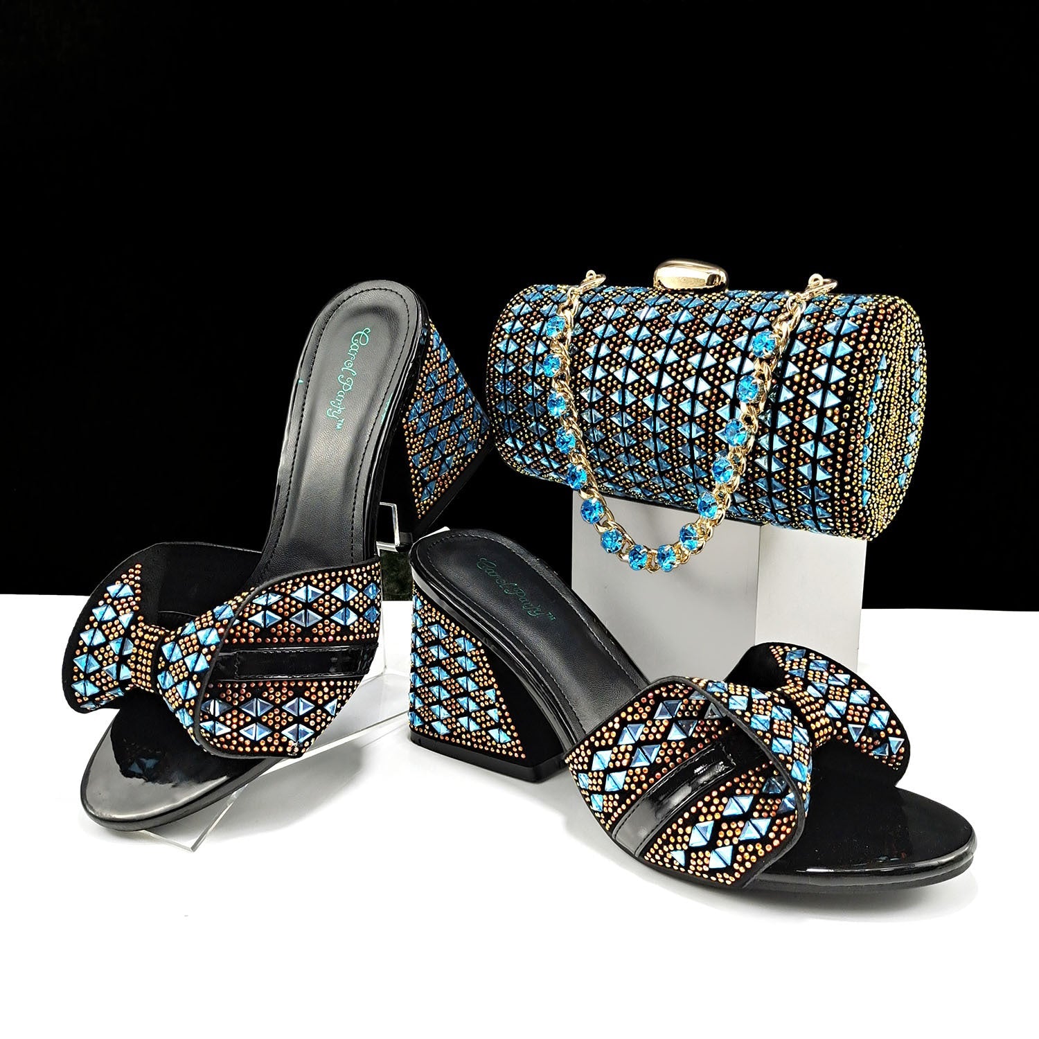 Women’s high heel slippers and matching cylindrical rhinestone bag set, summer casual shoes by Wanita Store.