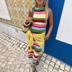 Slimming sleeveless rainbow striped knitted maxi dress for women, casual style with a fitted waist by Wanita Store