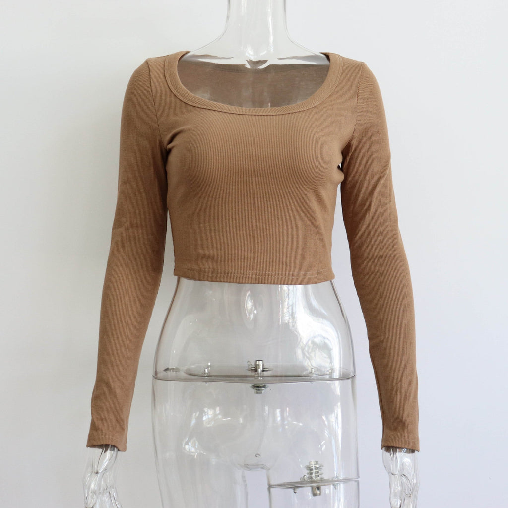 Long sleeve ribbed knit top for women, casual and slim fit, autumn winter streetwear from Wanita Store.