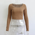 Long sleeve ribbed knit top for women, casual and slim fit, autumn winter streetwear from Wanita Store.