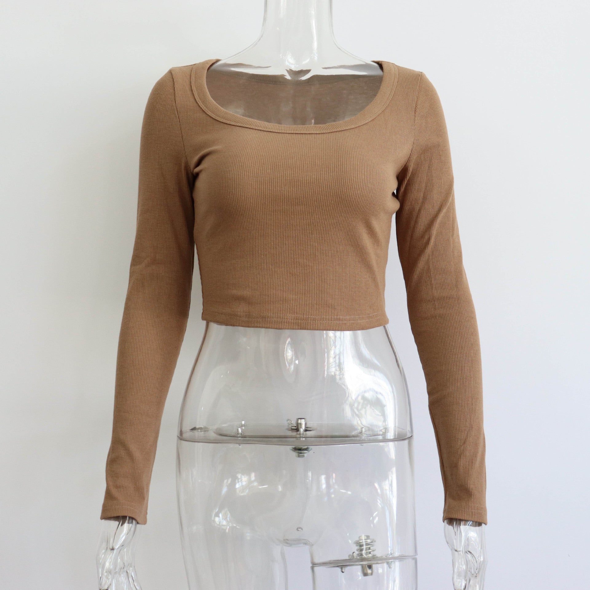 Long sleeve ribbed knit top for women, casual and slim fit, autumn winter streetwear from Wanita Store.