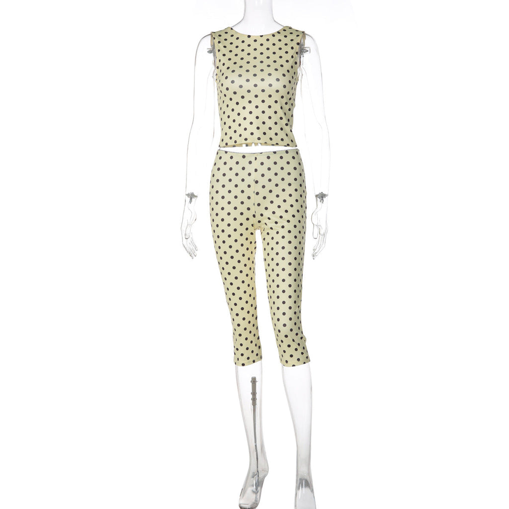 Bella Mia women's summer polka dot sleeveless backless top and slim cropped pants two-piece set, stylish and breathable summer outfit.