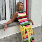Slimming sleeveless rainbow striped knitted maxi dress for women, casual style with a fitted waist, by Wanita Store.
