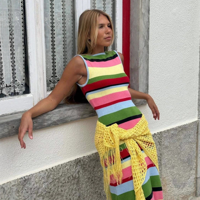 Slimming sleeveless rainbow striped knitted maxi dress for women, casual style with a fitted waist, by Wanita Store.