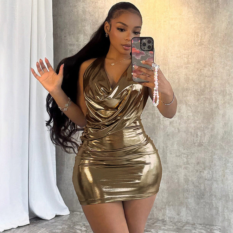 Metallic glossy sleeveless halter dress with swing collar, backless sheath design by Bella Mia, featuring a sexy, form-fitting silhouette.