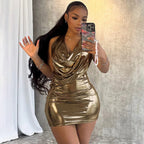Metallic glossy sleeveless halter dress with swing collar, backless sheath design by Bella Mia, featuring a sexy, form-fitting silhouette.