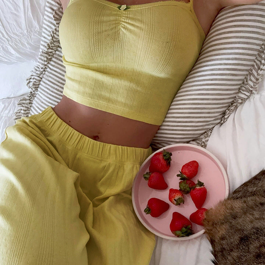 Bella Mia summer casual pajamas set with trousers, suspenders, and vest for women, featuring a comfortable two-piece design.