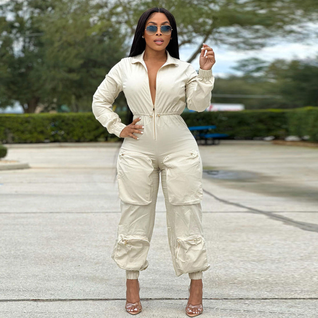 Women's waist cargo overalls by Wanita Store with metal zipper, casual bread bag style bottoms, perfect for relaxed wear.