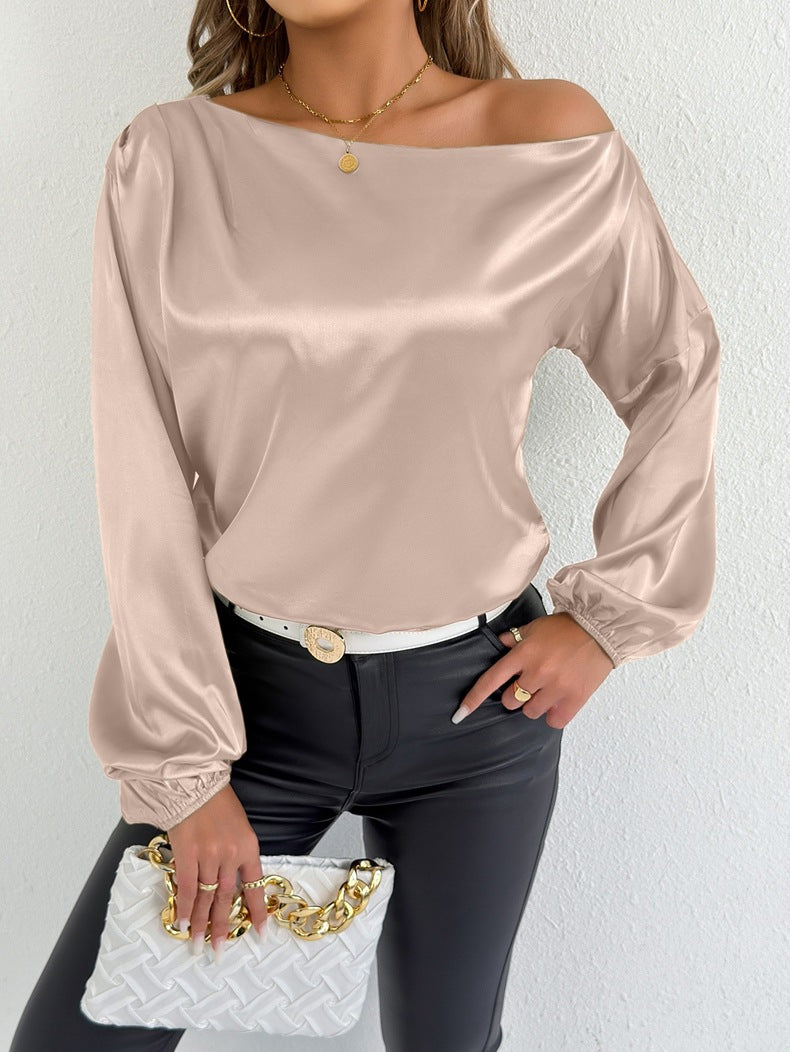 White long sleeve satin shirt for women, summer fashion by Bella Mia, featuring a sleek and stylish satin blouse.