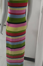 Slimming sleeveless rainbow striped knitted maxi dress for women, casual waist-tight design by Wanita Store.