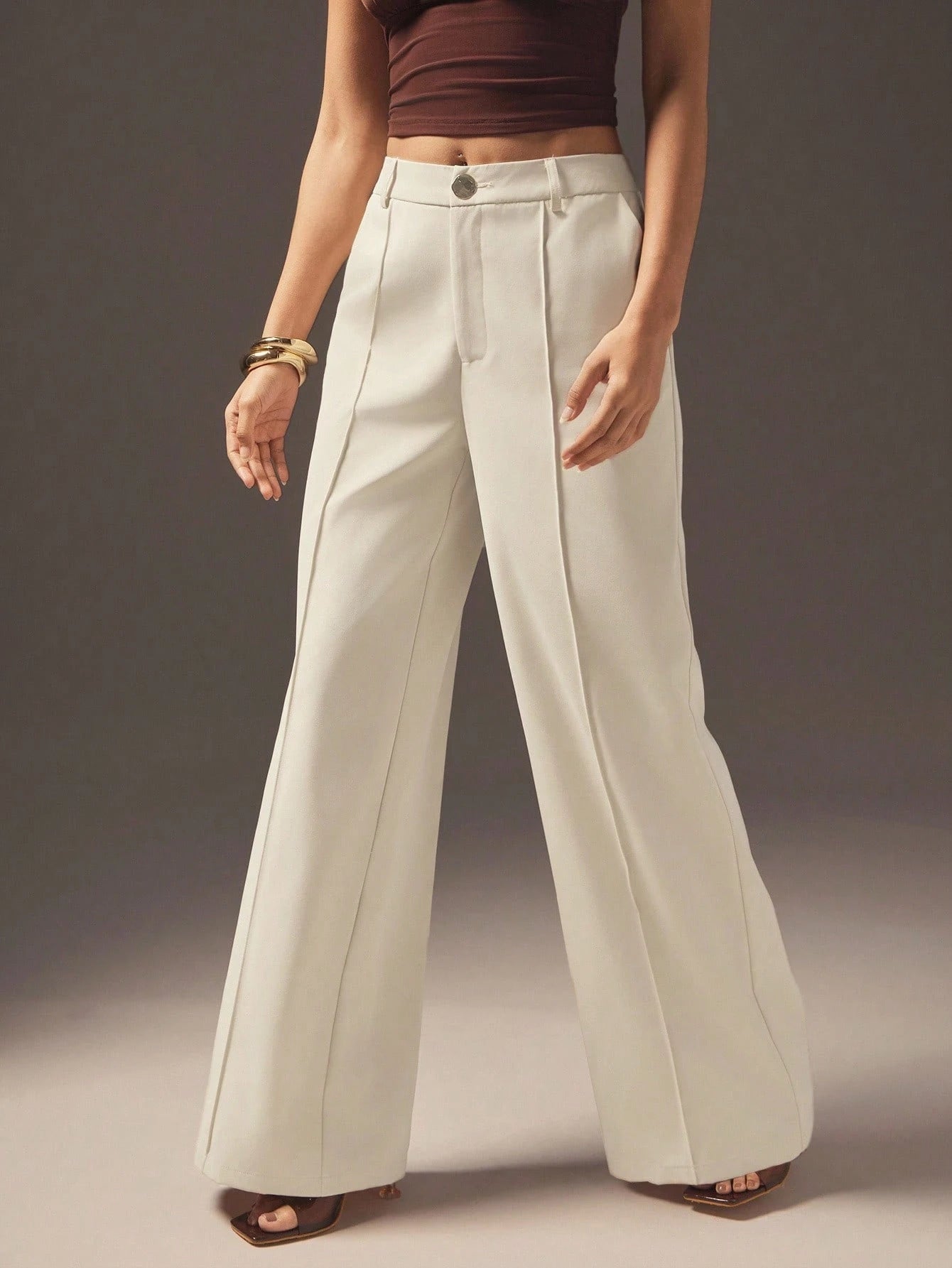 Bella Mia apricot high waist slimming women's pants with loose fit, wide leg design, perfect for casual autumn and winter wear.