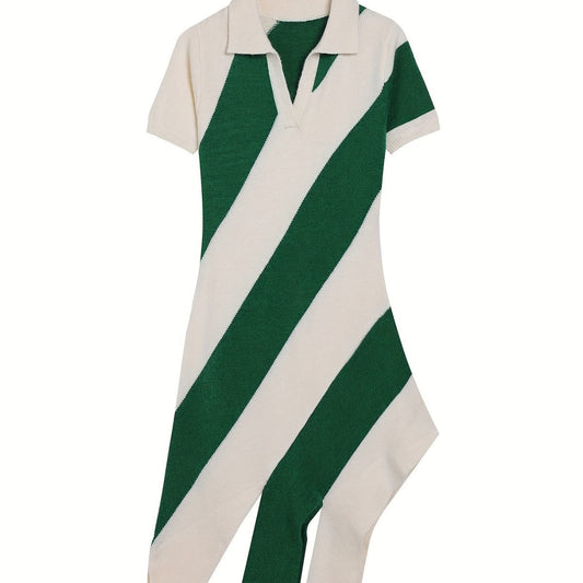 Slim Fit Knitted Dress Collared Polo Collar Tassel Striped Color Matching Personality Short Sleeve Dress Bella Mia