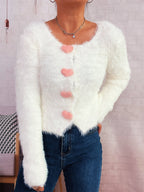 Bella Mia autumn winter knitted cardigan sweater with cute love button accents in solid color, mink-like soft knit fabric.