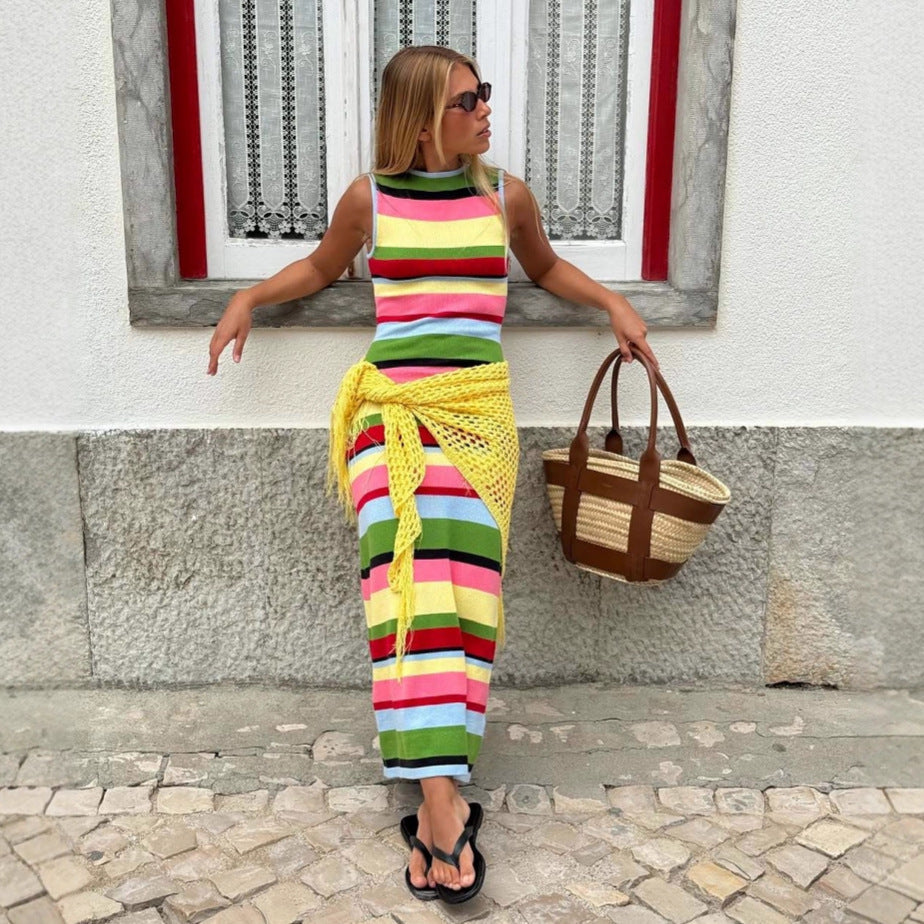 Slimming sleeveless rainbow striped knitted maxi dress for women, casual fit, with a fitted waist from Plush Fashion Hub