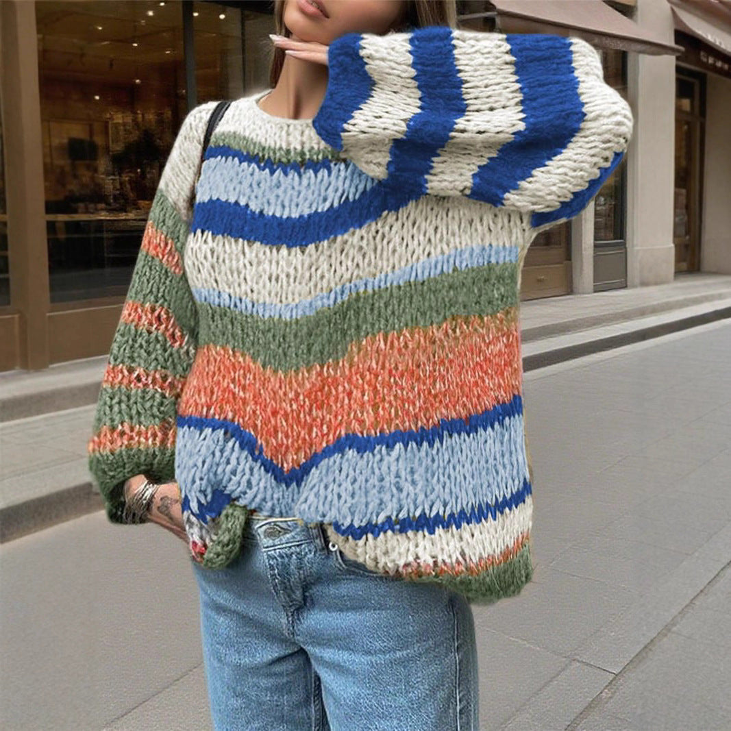 Women Clothing Sweater Rainbow Striped Knitted Pullover Retro Loose Street Bella Mia