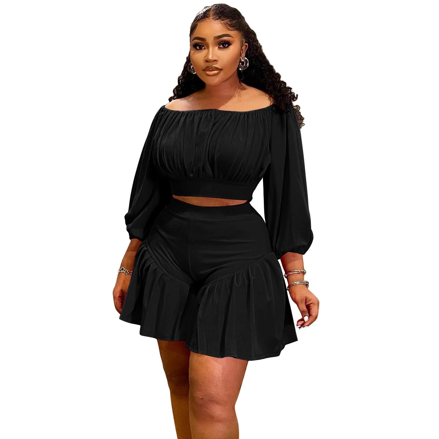Plus size women casual pleated two-piece set with off-neck design and fluffy waist trimming, by Plush Fashion Hub.