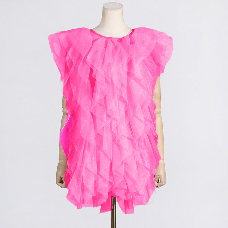 See-through organza sleeveless dress with irregular asymmetric ruffled stitching and sexy design by Plush Fashion Hub.
