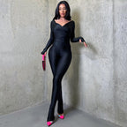 Women’s long-sleeve casual trousers in solid color with V-neck criss-cross design, perfect for autumn and winter wear.