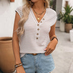 Gentle retro striped V-neck knitted top with flying sleeves for women by Wanita Store, featuring a stylish and comfortable design.