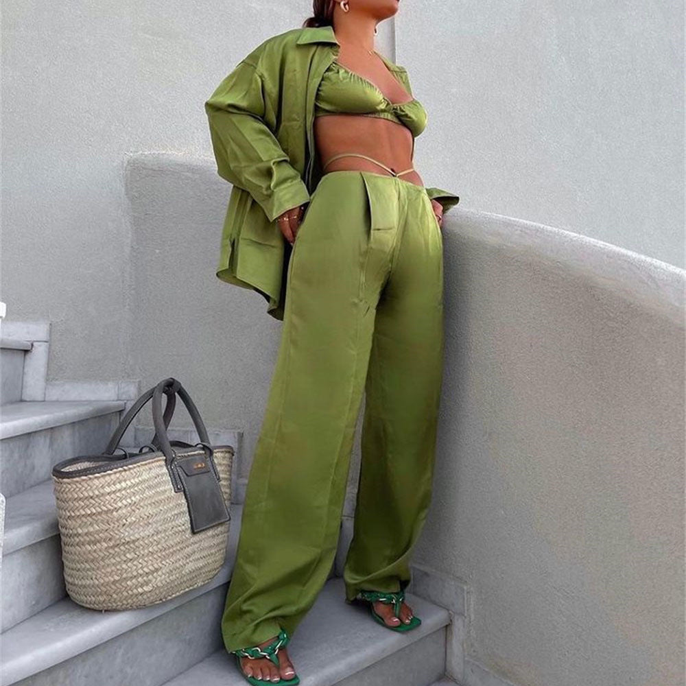 Women’s three-piece spring summer satin suit with vest, shirt, and straight-leg pants, featuring a casual vacation style from Plush Fashion Hub