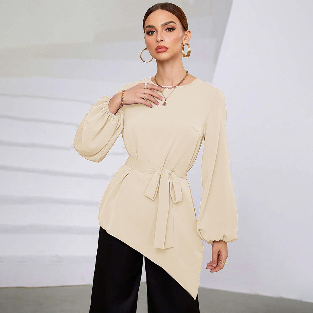 Women Clothing Irregular Asymmetric Early Autumn Top Cinched Long Sleeve Women Shirt Bella Mia