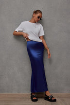 Bella Mia women's satin hip skirt featuring a spring and summer casual artificial silk design with a smooth, shiny finish.