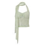 Bella Mia women's summer lace halter vest top with see-through decorative ribbon, stylish short sleeveless design.