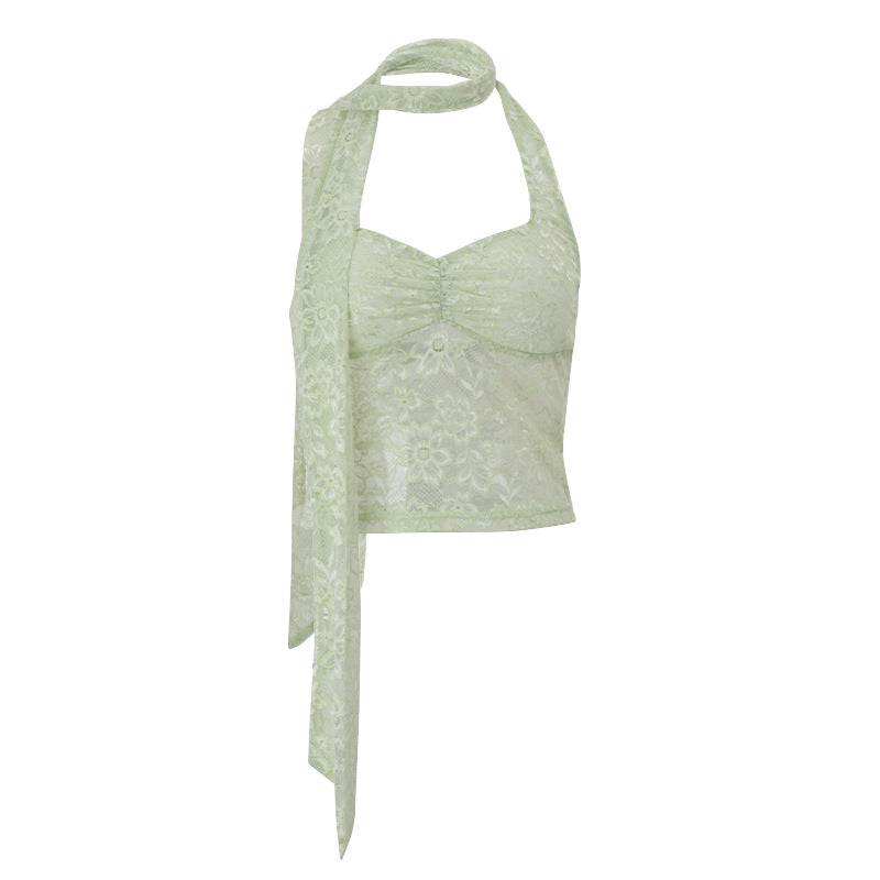 Bella Mia women's summer lace halter vest top with see-through decorative ribbon, stylish short sleeveless design.