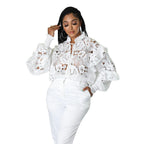 Women’s Bella Mia lace-up cardigan with lantern sleeves, hollow out cutouts, flounce trim, and stylish design.
