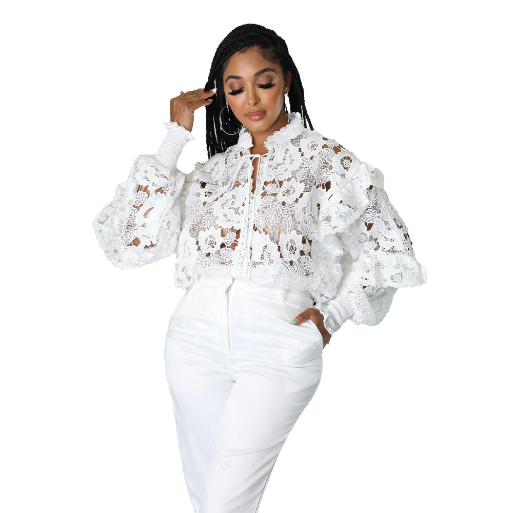 Women’s Bella Mia lace-up cardigan with lantern sleeves, hollow out cutouts, flounce trim, and stylish design.