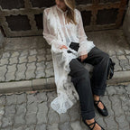 Women’s chiffon ruffled long sleeve dress with sheer fabric, single-breasted design, by Wanita Store, stylish and elegant for women.
