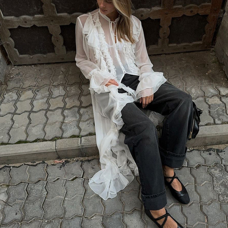 Women’s ruffled chiffon dress with sheer long sleeves and single-breasted design by Plush Fashion Hub