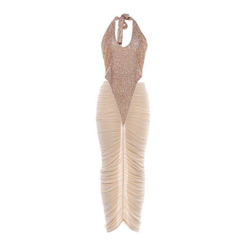 Fashionable Bella Mia women’s mesh ruffle hip dress with sequined stitching, see-through design for autumn winter stylish wear.