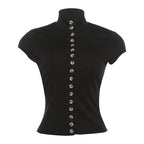 Women’s solid color slim short-sleeve T-shirt with breasted design, perfect for summer, from Wanita Store.