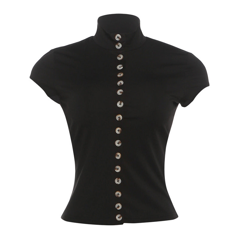 Solid color women's short sleeve T-shirt by Plush Fashion Hub featuring a breasted design and slim fit for summer wear.