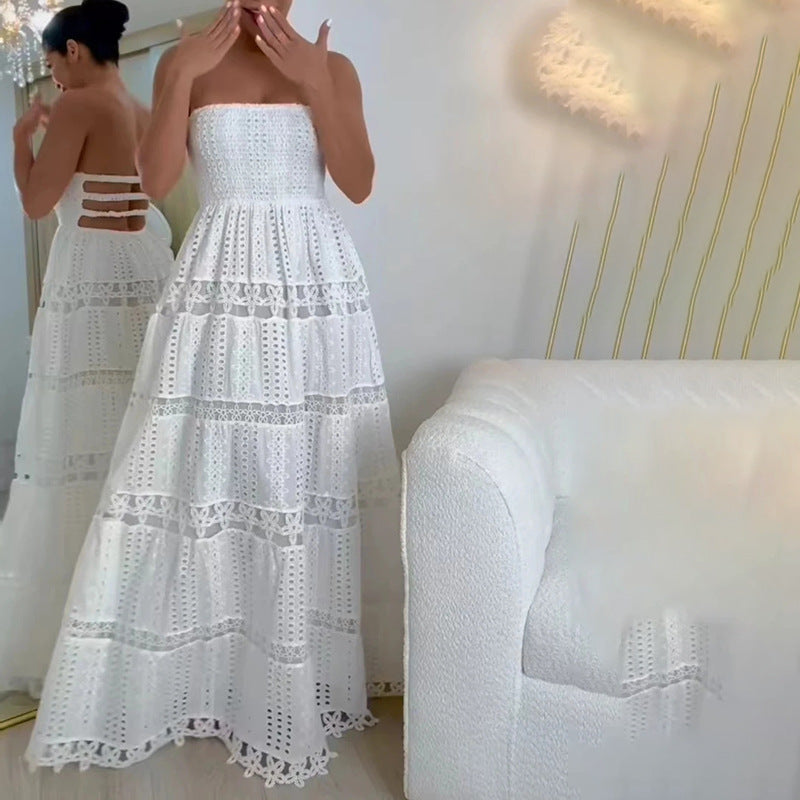 Plush Fashion Hub casual spring maxi dress with embroidery, hollow out cutouts, and tube top design for women.