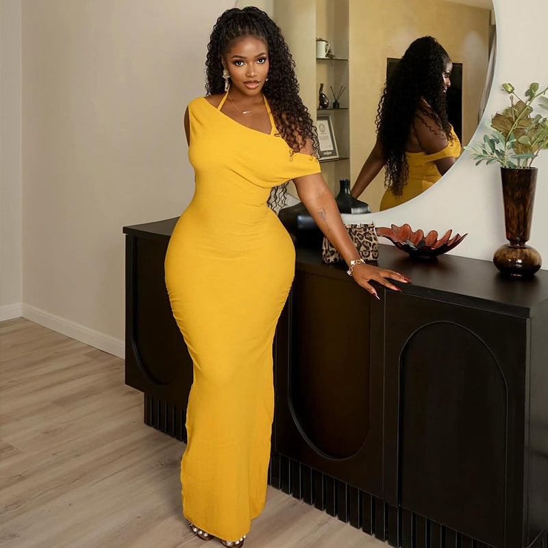 Elegant Women Slim Fit Sheath Elegant One Step Dress Backless Halter Solid Color Split Maxi Dress Bella Mia