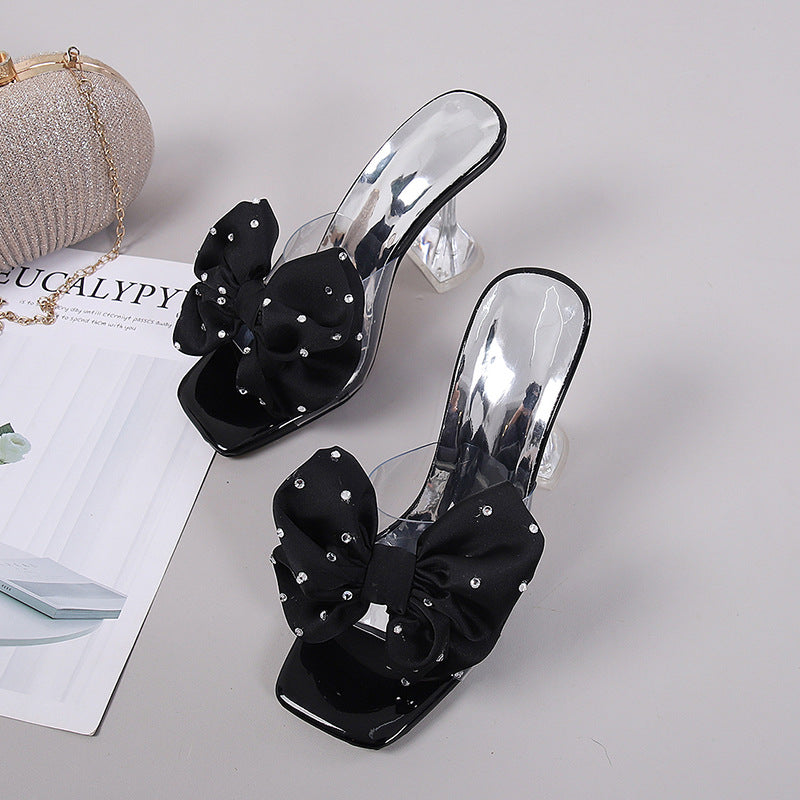 Summer Fairy transparent ankle strap stiletto heels with rhinestones, open toe design, outdoor cocktail wear, by Plush Fashion Shop.